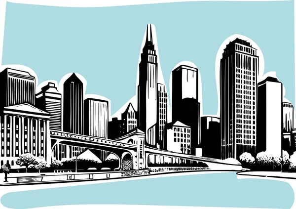 City Scape Skyline Sketch Vector Arte Quadrinhos Desenho Retro Vintage — Vetor de Stock