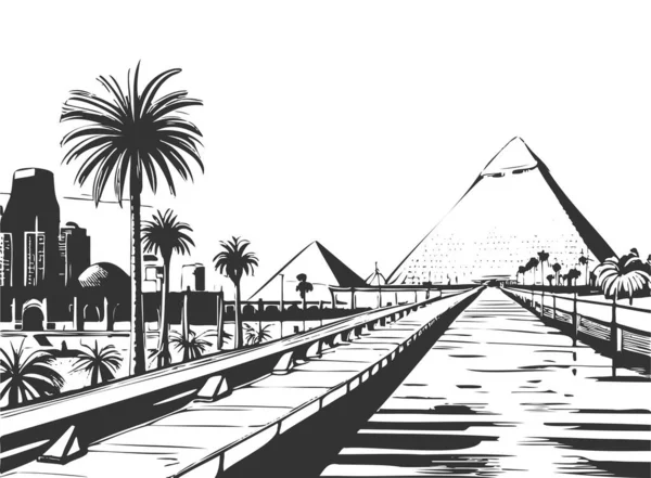 Ciudad Paisaje Skyline Cairo Egipto Pirámides Bosquejo Vector Arte Tinta — Archivo Imágenes Vectoriales