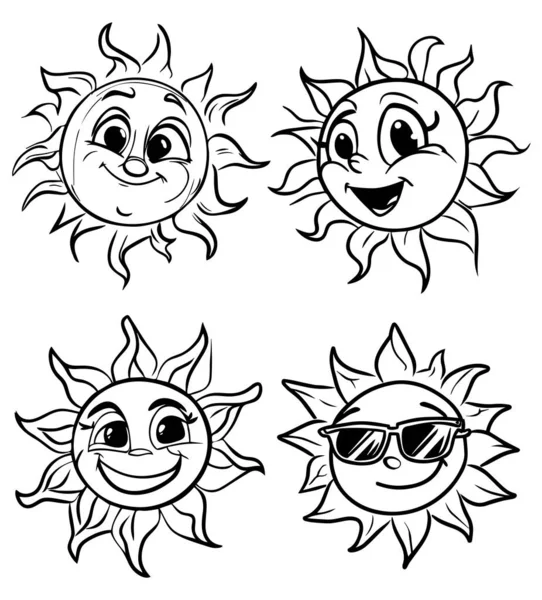 Sol Bonito Engraçado Desenhos Animados Personagens Preto Esboço Arte Vetorial —  Vetores de Stock