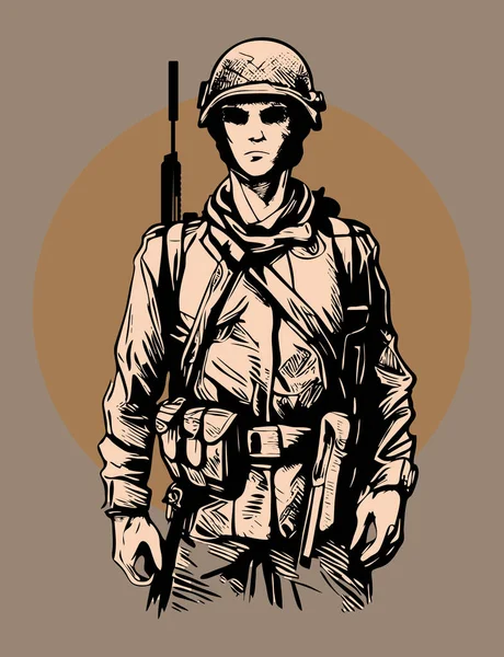 头戴钢盔 手持来复枪的士兵特种作战战士狙击手素描油墨矢量艺术 — 图库矢量图片