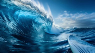 Sörf tahtası denizin ortasında yüksek mavi bir dalgayı delmeye hazırlanıyor, dalga sörf sporu macerası