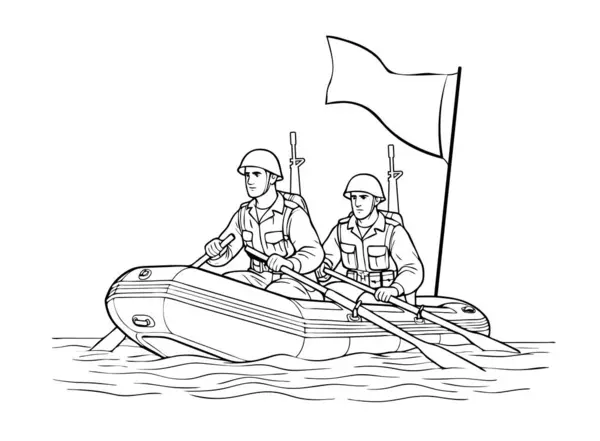 stock vector Sues Canal Transit October war victory an outline drawing for 2 soldiers in a Rubber combat boat rowing into Sues Canal celebration of 6 of October victory 1973