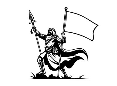 Bir Arap şövalyesi için karikatür çizimi boş bir bayrak şablonu renklendiriyor.