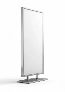 Dikey metal pano reklam afişi için 3D yorumlayıcı beyaz arkaplanda izole edilmiş bir ön izleme 