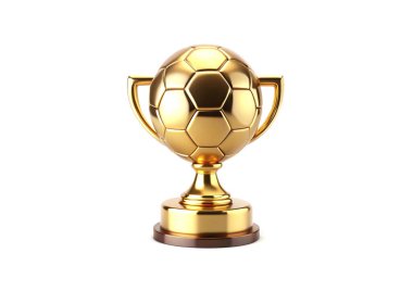 Beyaz arka planda izole edilmiş metal bir zeminde tutacakları olan futbol topu şeklinde bir altın kupa için 3D çizim sunucusu