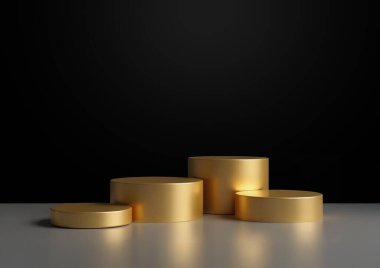 Gümüş zeminde 3D 5 altın podyum arka planda koyu siyah bir duvar, minimal stil, ürün sergisi, Mockup.