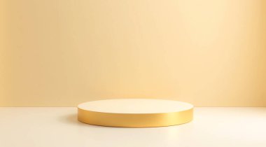 Beyaz zemin üzerinde 3D altın podyum. Arka planda açık sarı bir duvar var. Minimum stil, ürün sergisi, Mockup.
