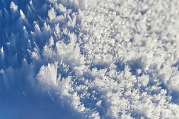 Beautiful Textures Frosty Winter Tiny Snowflakes Shining Sunlight Close View — Stock Photo, Image