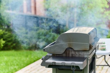 Duman kapalı bir ızgaradan geliyor. Bahçedeki çimlerin yanında barbekü var. Bahçedeki barbekü partisinde. Bölge çitlerle çevrili.