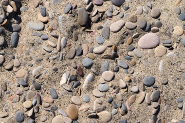 Farklı şekil ve renklerde yumuşak çakıl taşları kumlu bir plaja dağılır. Parlak güneş ışığıyla aydınlatılır ve yerde organik bir desen oluşturur..