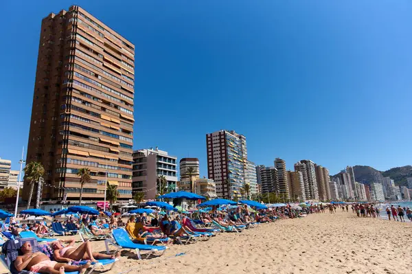 Sahile gidenler, yüksek binalar ve açık mavi gökyüzüyle çevrili, hareketli bir sahil kentinde, parlak şemsiyelerin altındaki renkli şezlonglarda güneşin tadını çıkarıyorlar. Benidorm, Alicante, İspanya 10.01.2023