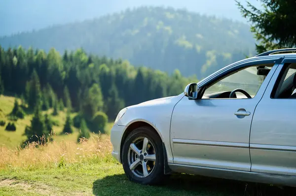 Parlak güneşli bir günde gri bir araba kayan tepelerin ve sık ormanların olduğu manzaranın yanına park edilir. Doğanın huzurlu güzelliğinin tadını çıkarırlar..