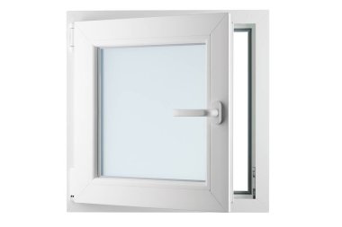 Beyaz çerçeveli açık kare PVC penceresi. Beyaz arka plan. Buzlu cam.