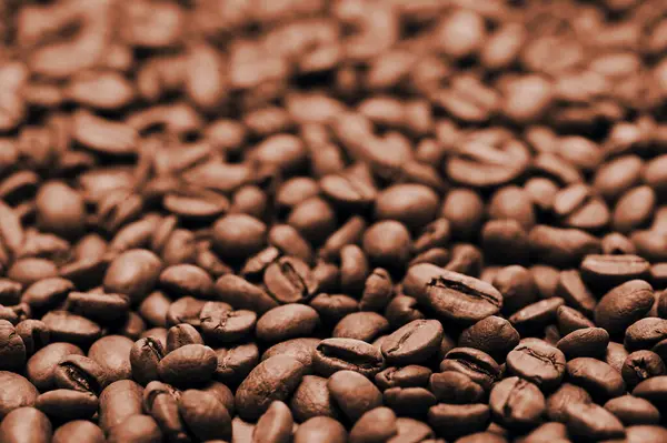 Yakından bakınca, zengin kahverengi tonlarıyla bir yüzeyde dinlenen kavrulmuş kahve çekirdekleri dokularını ve parlaklıklarını gözler önüne seriyor..