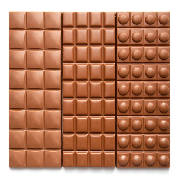 Three Different Chocolate Bars White Background Long Different Chocolate Top — 스톡 사진