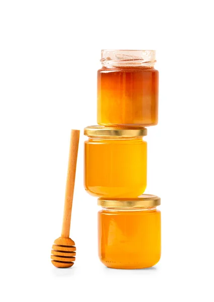 Honey Glass Jars Dipper Organic Honey Jars White Background Open — Stock Fotó
