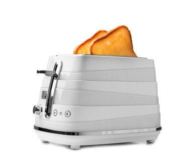 Toaster with slices of bread. Fried bread in a toaster. Appliances for the kitchen. Modern toaster on a white background.