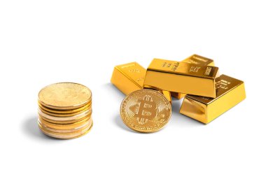 Heap of bitcoin coins and gold bars isolated on white background. Cryptocurrency close-up on isolation. Ingots of gold. Currency growth concept