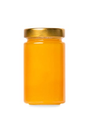 Fresh honey in a closed glass jar on a white isolated background close-up. organic honey. Healthy products.