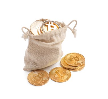 Bag with bitcoins isolated on a white background. Growing upward. Concept of cryptocurrency payment and digital money using. Crypto money coins, cryptocurrency, savings, online earnings concept. clipart