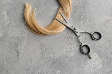 Scissors and piece of blond hair. Professional barber hair cutting shears on background. Hairdresser salon equipment concept, premium hairdressing set. Accessories for haircut with copy space