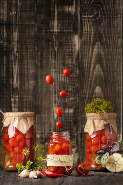 Canned Homemade Tomatoes Tomatoes Fall Jar Wooden Background Space Text — Foto Stock