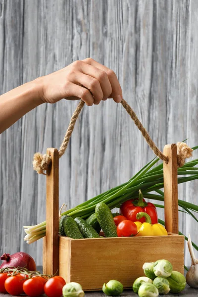 Tomatoes Cucumbers Peppers Brussels Sprouts Onions Garlic Wooden Basket Basket — Foto Stock