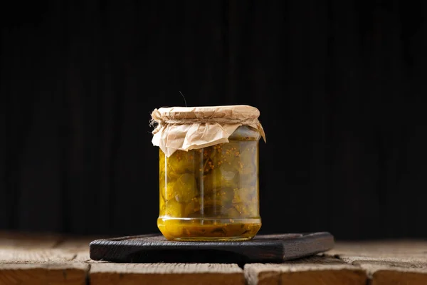 Canned Cucumbers Pickled Cucumbers Jar Sliced Cucumbers Marinade Wooden Background — Stock Fotó