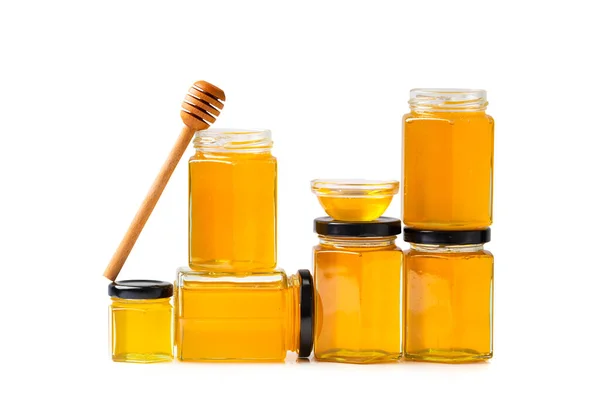 Honey Glass Jars Honey Stick Organic Honey Jars White Background — Stock Fotó
