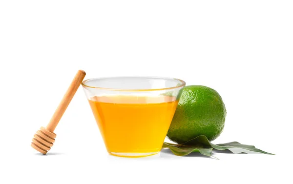 Honey Open Jar Dipper Lime White Background Healthy Foods Honey — Stock Fotó