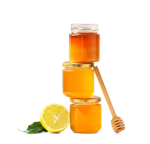 Honey Glass Jars Dipper Lemon Organic Honey Jars White Background — Stock Fotó