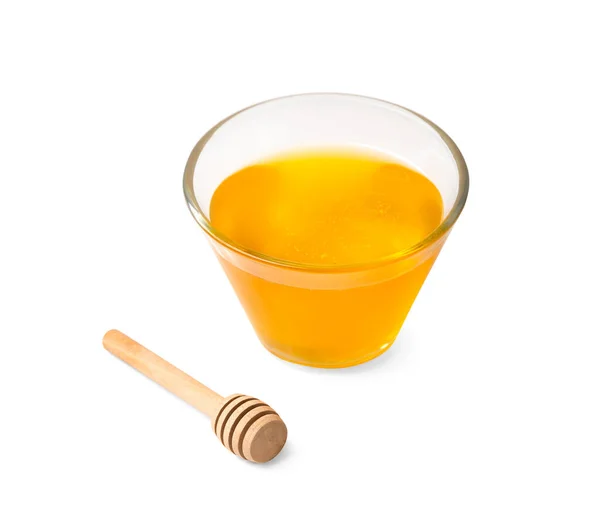 Fresh Honey Bowl Wooden Dipper White Isolated Background Honey Open — Stock Fotó