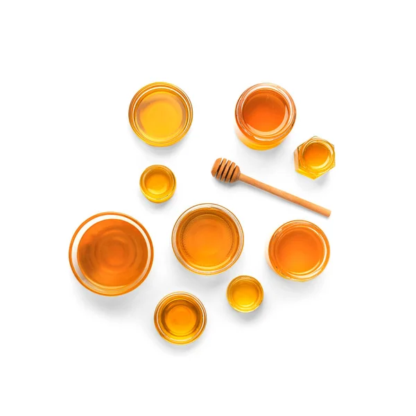 Creative Composition Honey Jars Dipper Isolation Honey Glass Dish Different — Stock Fotó