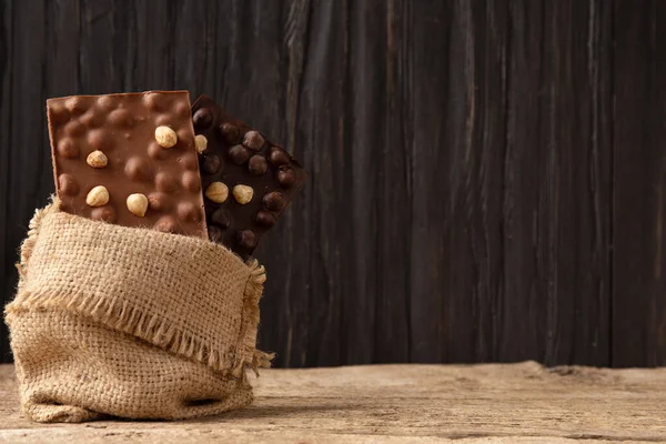 Black Milk Chocolate Chocolate Chips Bag Old Wooden Background Space — 스톡 사진