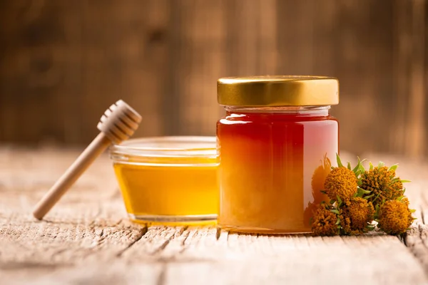 Honey Closed Glass Jar Bowl Wooden Background Composition Honey Jars — Stock Fotó