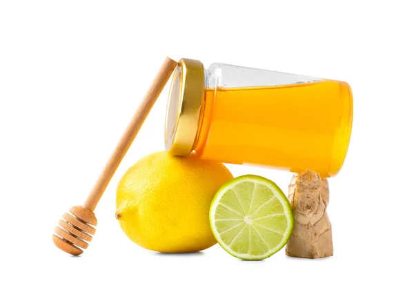 Conceptual Composition Honey Closed Jar Dipper Lemon Lime Ginger White — Stock Fotó