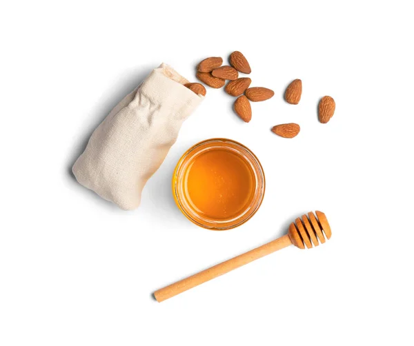 Glass Jars Honey Nuts Stick Honey White Background Composition Honey — Stock Fotó