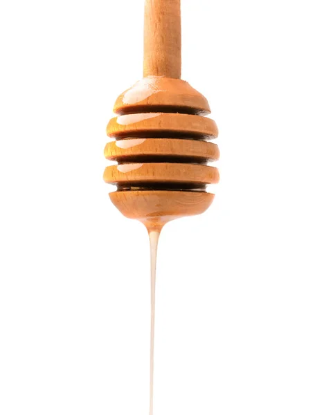 Wooden Dipper Pouring Honey White Background Honey Poured Wooden Stick — Stock Fotó