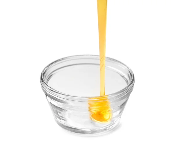 Honey Poured Empty Glass Bowl White Background Conceptual Illustration Honey — Stok fotoğraf