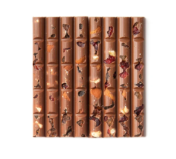 Two Milk Chocolate Bars Raisins Nuts White Background Top View — 스톡 사진