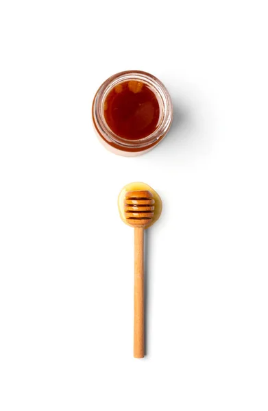 Glass Jar Honey Wooden Dipper White Background Top View Vertical — Stock Fotó