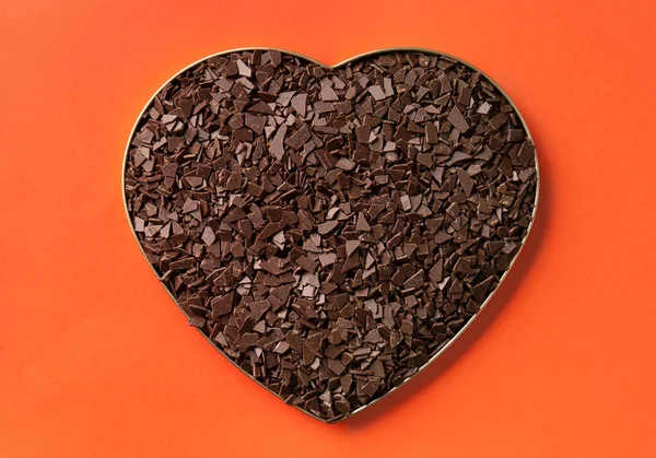 Heart Shaped Chocolate Orange Background Top View Place Text Chocolate — Stok fotoğraf