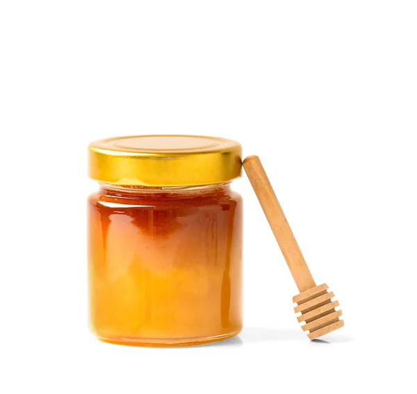 Fresh Honey Jar Wooden Dipper White Isolated Background Honey Open — Stock Fotó