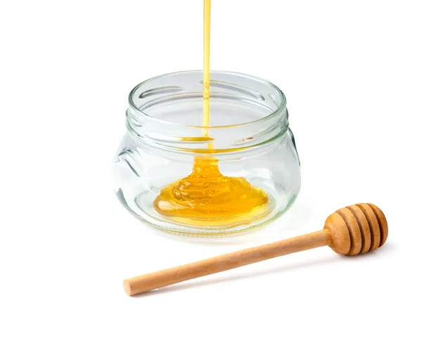 Honey Poured Open Glass Jar Honey Jar Dipper White Background — Stock Fotó