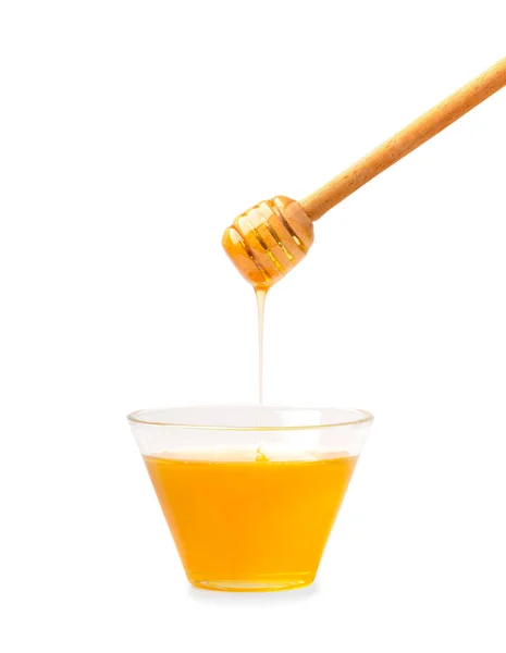 Honey Bowl Honey Flowing Spoon White Background Honey Honey Dipper — Stock Fotó