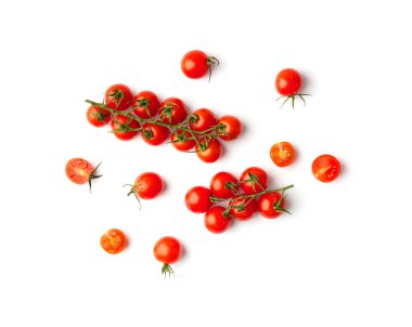 Three large branches of fresh ripe cherry tomatoes on a white background top view. Organic vegetables. Cherry tomatoes isolated.