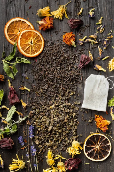 Composition Dry Black Green Tea Tea Bag Dried Citrus Slices — Foto de Stock