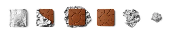 Bir Çikolatanın Izolasyondaki Yaşam Döngüsünün Kavramsal Fotoğrafı Folyoya Sarılı Çikolata — Stok fotoğraf