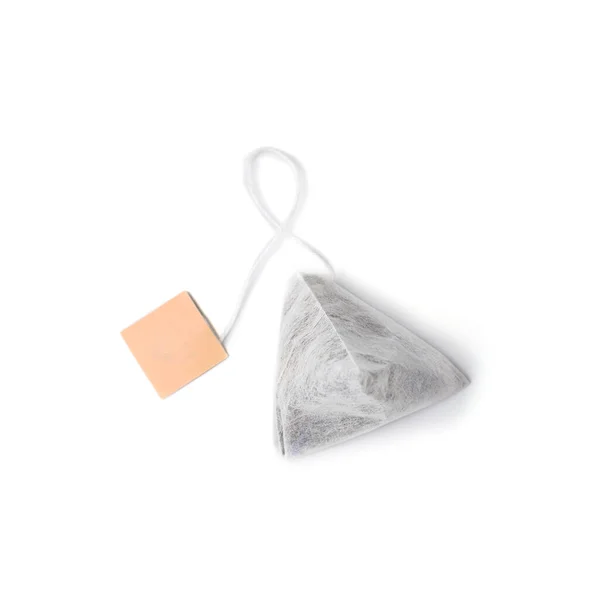 Torba Kształcie Piramidy Herbaty Etykietą Izolowane Białym Tle Widok Góry — Zdjęcie stockowe