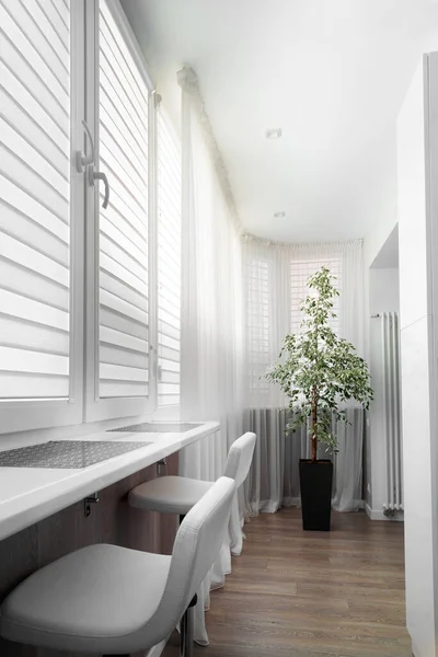 Modern Trendy Interior Loggia White Bar Stools Bar Counter Flower — Stock Photo, Image